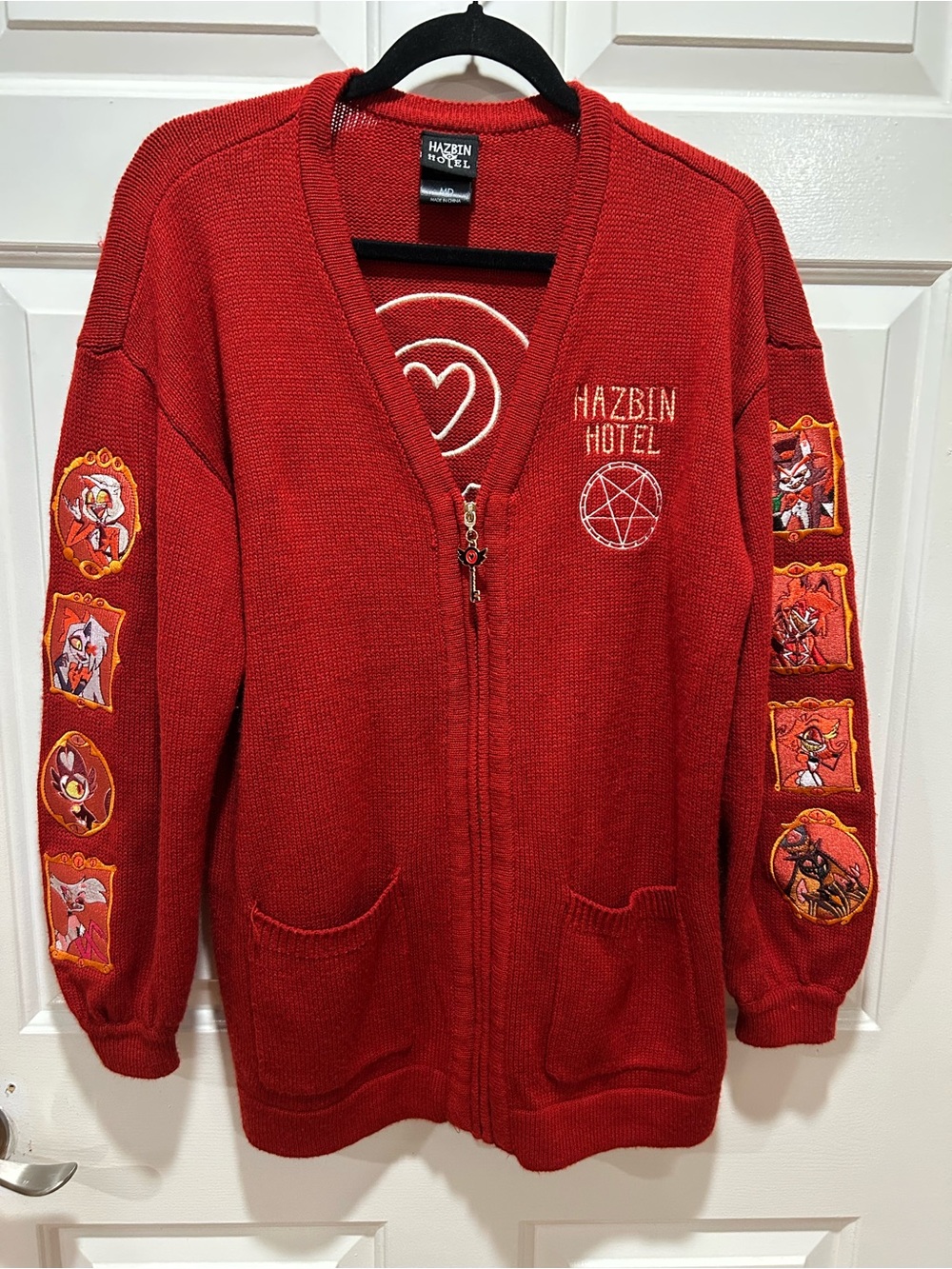 Hazbin Hotel Character Patch Red Zip Up Cardigan Sweater Hot Topic Unisex Size M